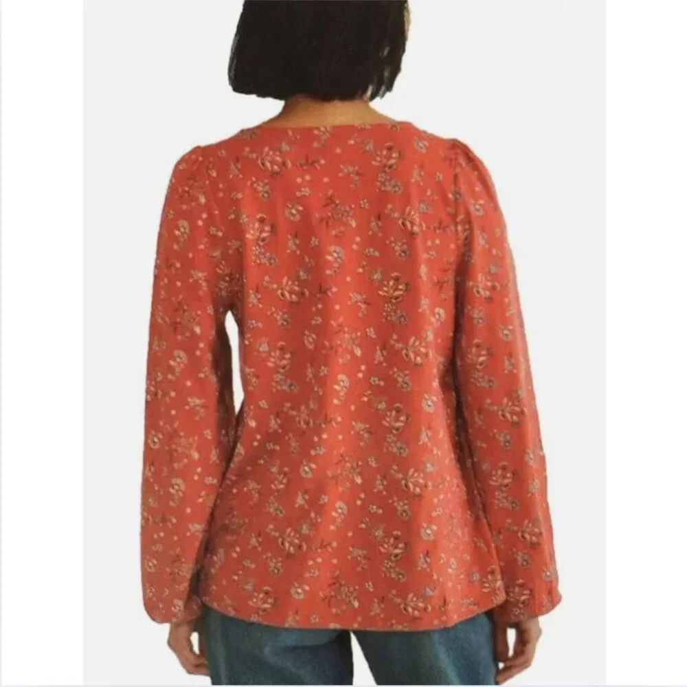 Lucky Brand Peasant Top Square Neck Long Sleeve Orange Floral XL - Picture 2 of 7